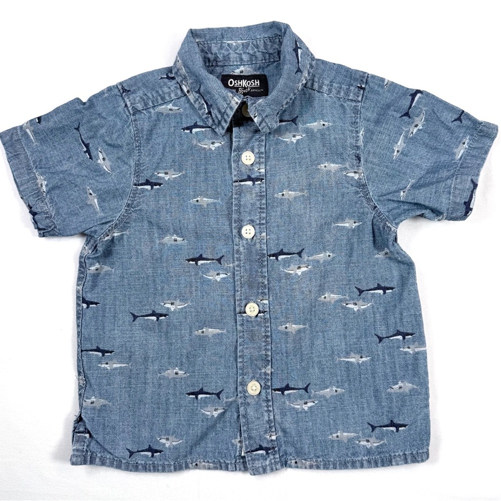 OSHKOSH B'GOSH Baby Boys' Shark Print‎ Chambray Nautical Button Down Size 12M